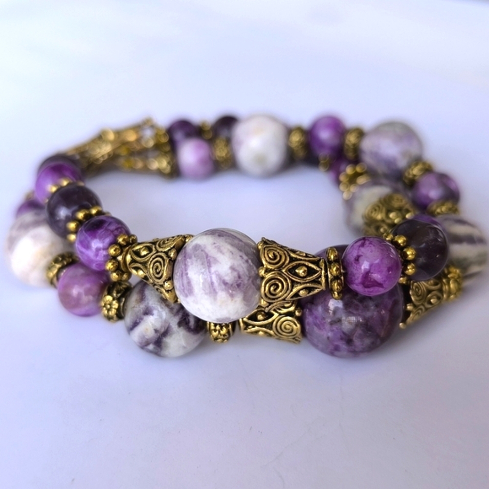 Double Wrap Chunky Multicolor Gemstones Purple Charoite Striped Jasper Bracelet